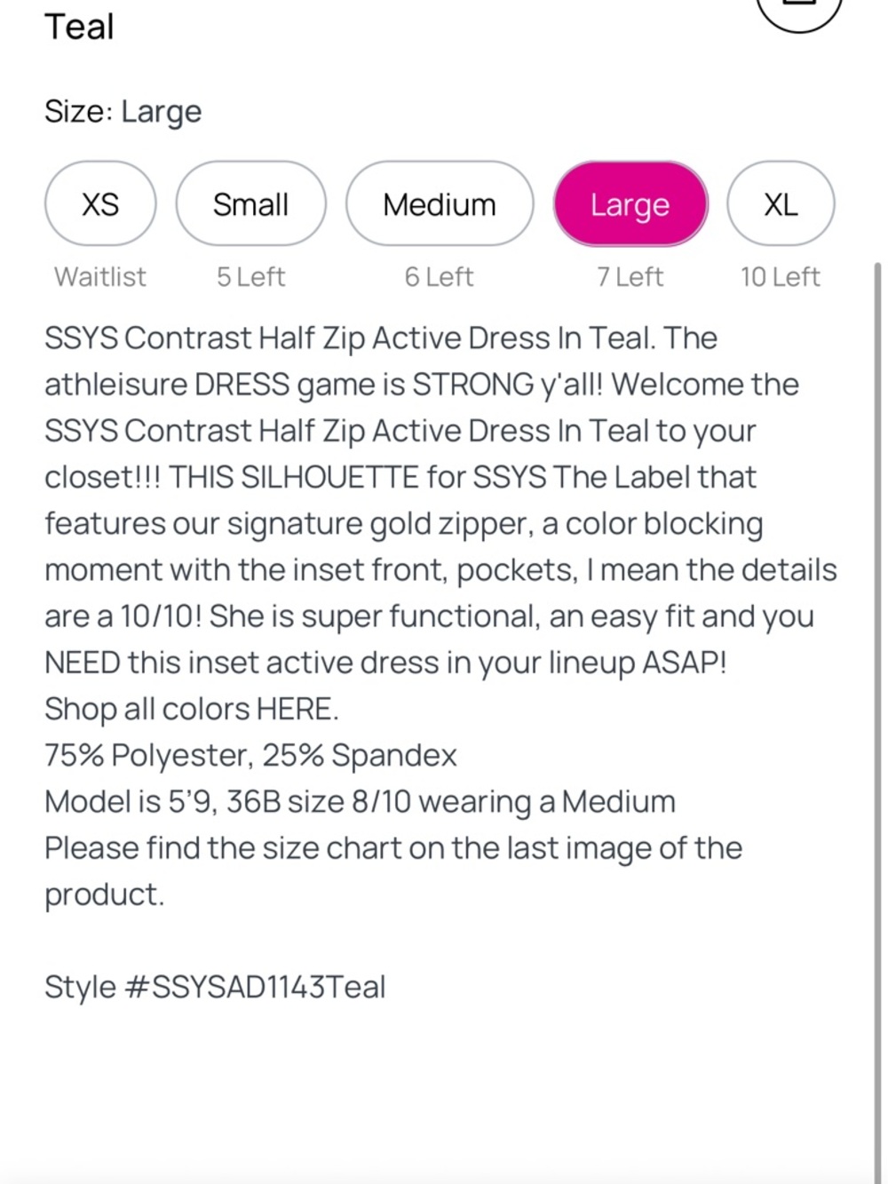 SSYS half zip active dress in teal - Picture 6 of 6